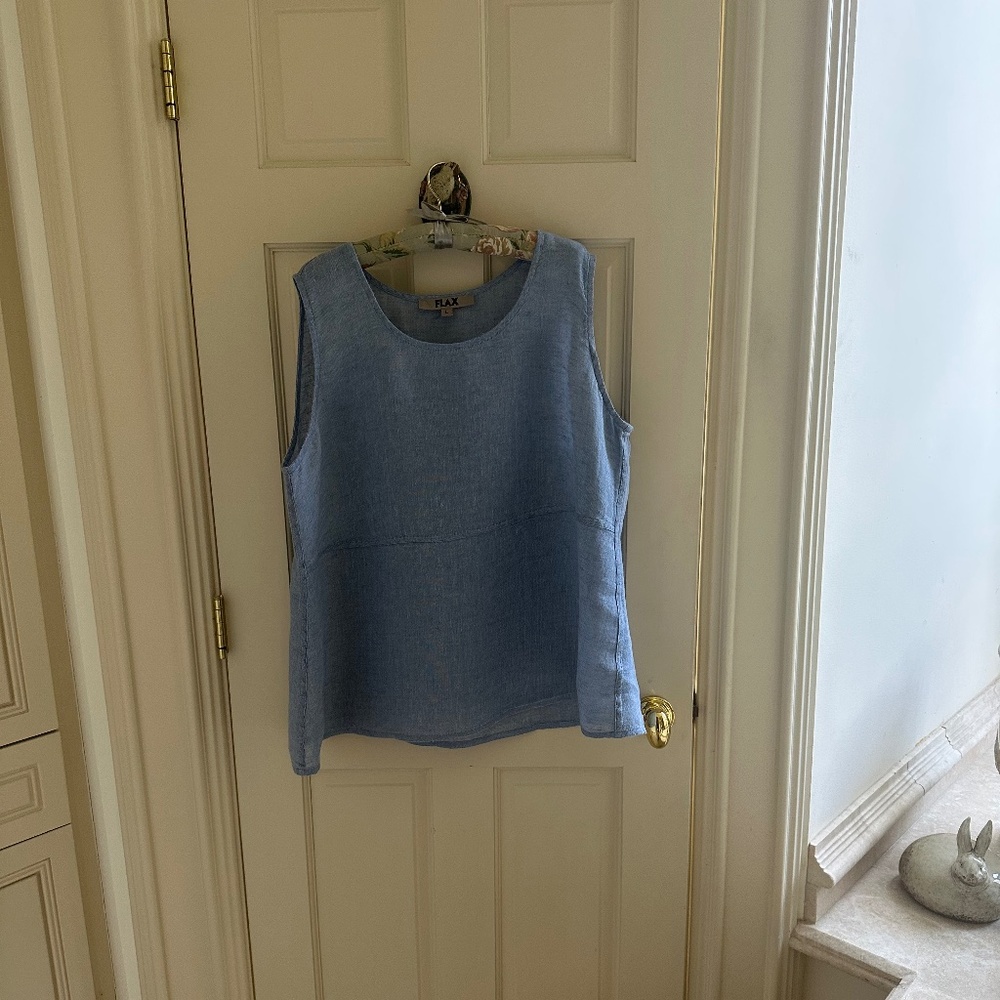 FLAX 100% Sheer Blue Linen Top-EUC/L - Picture 6 of 7